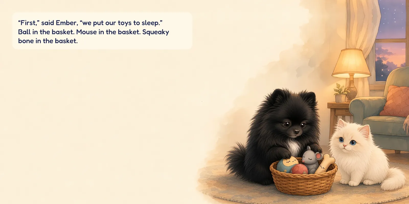 Book spread: Ember puts a ball, a toy mouse and a squeaky bone in a basket while Saru watches. Text: “First,” said Ember, “we put our toys to sleep.” Ball in the basket. Mouse in the basket. Squeaky bone in the basket.